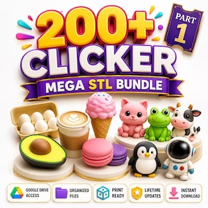 Puede incluir: Una colección digital titulada 200+ CLICKER MEGA STL BUNDLE PART 1 que presenta modelos imprimibles en 3D, incluyendo un cartón de huevos, café, helado, macarons, un gato rosa, una rana, una vaca, un pingüino y un astronauta con iconos.