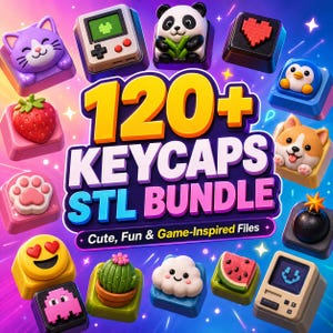 May include: A digital graphic displaying 120+ KEYCAPS STL BUNDLE with various 3D-rendered keycaps featuring designs like a cat, handheld console, panda, heart, penguin, strawberry, paw, dog, emoji, cactus, cloud, watermelon, and retro computer.