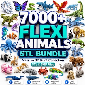 Può includere: Una collezione digitale di 7000+ animali flessibili in bundle STL per stampa 3D, con varie creature articolate come draghi, squali, leoni e vita marina. L'immagine mostra il testo 7000+ FLEXI ANIMALS STL BUNDLE e Massive 3D Print Collection.