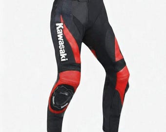 Kawasaki Pro Racing Leather Biker Pants – CE Protection, Slim Fit Motorcycle Gear