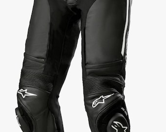 Pantalones de moto Alpinestars Missile V3 de cuero negro con protección CE en las rodillas.