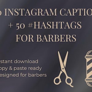 Può includere: Grafica digitale con testo "100 DIDASCALIE INSTAGRAM + 50 #HASHTAGS PER BARBIERI". Include un palo da barbiere e un'icona di forbici. Il testo include anche "Download istantaneo", "Copia e incolla pronto" e "Progettato per barbieri".
