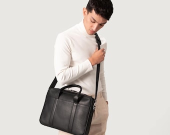 Schwarz Leder Aktentasche, Herren Business Arbeit Messenger Bag, Laptop-Computer Tasche