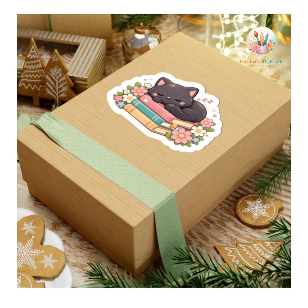 Sleeping Black Cat on Books Sticker | Floral Cozy Reading Art (kiss-cut ...