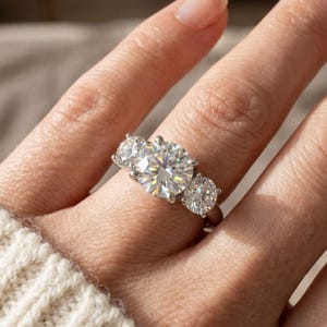 May include: A silver three-stone ring featuring a large, round, clear central gemstone flanked by two smaller stones. The ring is displayed on a finger, with the stones catching the light. The image is well-focused, highlighting the ring's design.