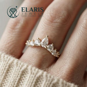 Pear Cut Tiara Wedding Band, Gold Curved Moissanite Crown Ring, Graduated Diamond Sunburst Band, Unique Nesting Ring Guard For Her