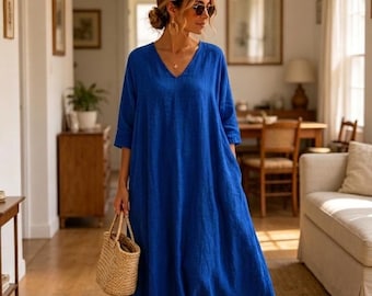 Handmake Cotton Linen Long Dress - Loose Fit Flowy - A Line Dress - V Neck
