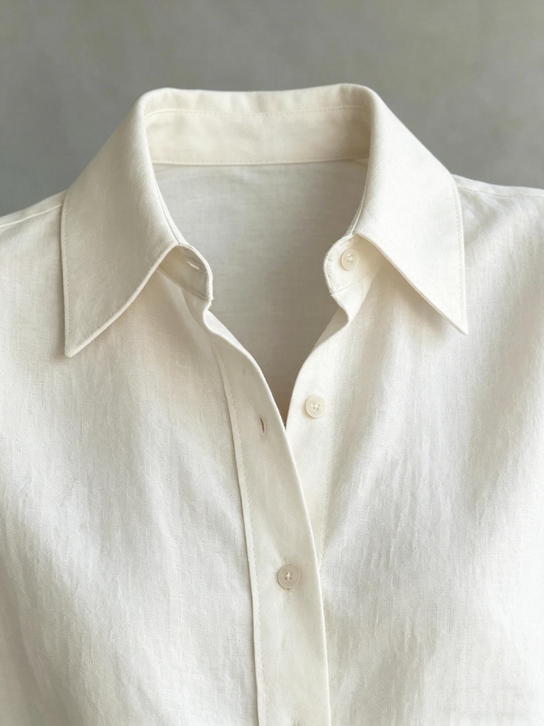 May include: Close-up of a cream-colored button-down shirt. The shirt features a classic collar and a buttoned placket. The fabric appears to be linen or a similar lightweight material, with a slightly textured surface. The buttons are small and round.