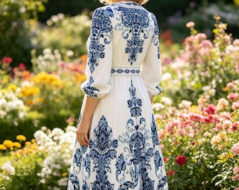 Blue Floral Print Maxi Dress – Bohemian V-Neck Dress with Center Tie - Long Boho Dress for Summer Beach Vacation