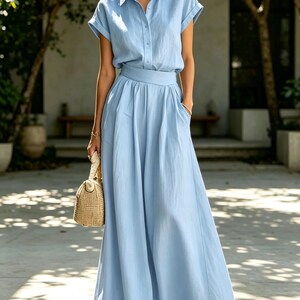 Solid Shirt And Wide Leg Pants Set – Tencel Linen 2 Piece Outfit – Casual Loose Fit Summer Set Blue