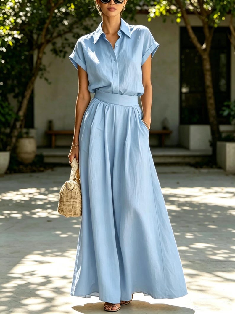 Solid Shirt And Wide Leg Pants Set – Tencel Linen 2 Piece Outfit – Casual Loose Fit Summer Set Blue