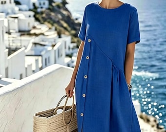 Handmade Cotton Linen Short Sleeved dress With Pocket