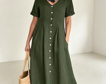Handmade Cotton Linen Short Sleeved dress With Pockets & Buttons