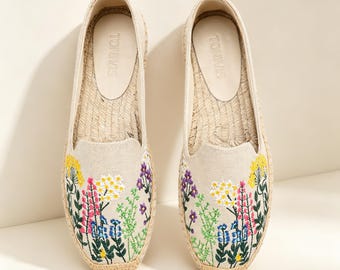 Espadrilles en toile à fleurs faites main pour femme - Chaussures bateau brodées - Mocassins d'été respirants