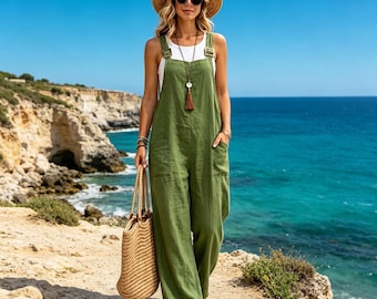 Vintage Handmade Cotton Linen Jumpsuit： Wide Leg - Coastal Cottagecore Style  – Breathable Natural Fabric