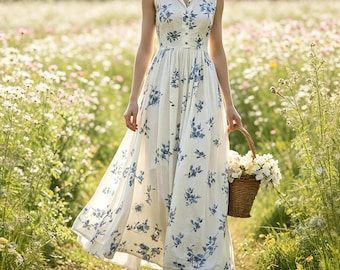 Blue Floral Print Maxi Dress – Bohemian V Neck Dress  -  Boho Dress for Summer Beach Vacation