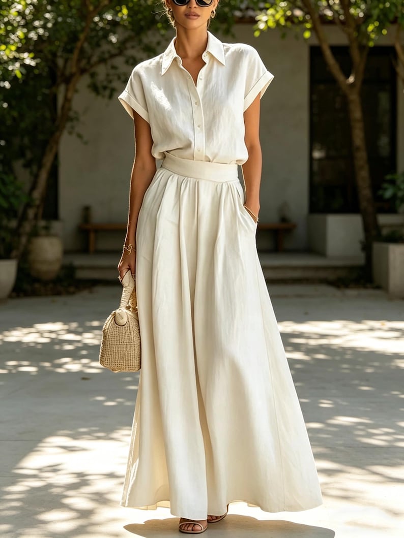 May include: A cream-colored linen outfit consisting of a short-sleeved button-down shirt and a flowing maxi skirt. The outfit includes a matching belt and a woven handbag. The ensemble is completed with sandals and sunglasses.