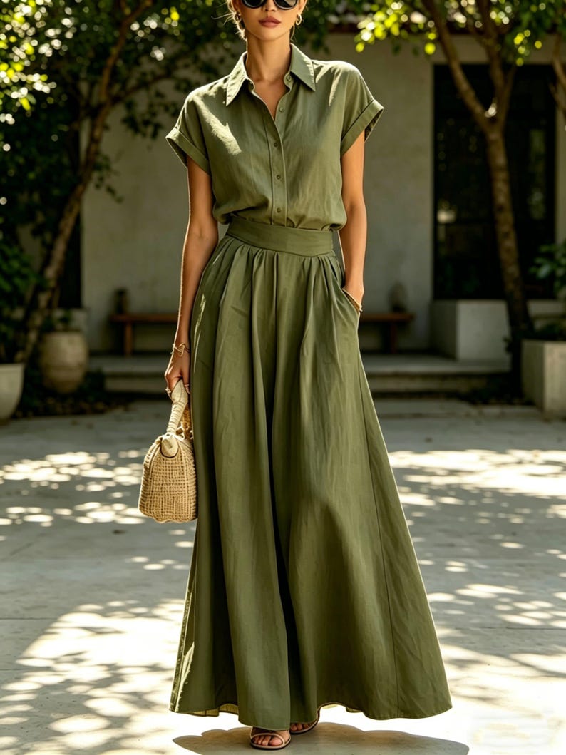 May include: An olive green two-piece outfit consisting of a short-sleeved button-down shirt and a floor-length skirt. The outfit is paired with a woven handbag. The model is wearing sunglasses and sandals.