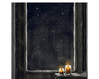 Minimalist Ink Night Window Prints, Calm Black White Decor (Instant Download)