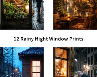 12 Rainy Night Window Prints, Cozy Warm Light Scene, Relaxing Home Decor (Digital Download)
