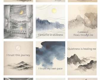 24 Calm Affirmation Cards, Minimal Sumi-e Aesthetic, Zen Healing Quotes, Japanese Ink Wash Digital Cards, Self Love & Mindfulness PNG Set