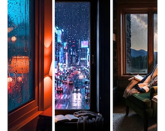 Cozy Rainy Neon Window Prints, Dreamy Fantasy Sky Wall Art (Instant Download)