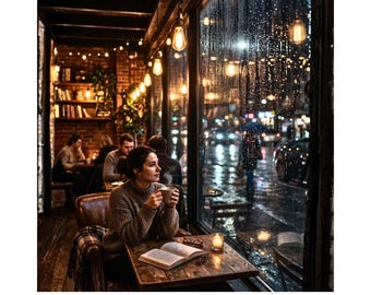 Cozy Rainy Cafe Window Prints, Neon Night Sky Wall Art (Instant Download)