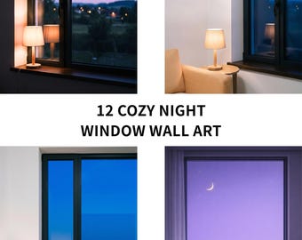 Cozy Night Window Wall Art Prints, Warm Interior Decor, Minimal Sky Views (Digital Download)