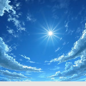 May include: A digital illustration of a bright blue sky with a radiant sun centered at the top, surrounded by white, fluffy clouds. Below the sky, the text 24 Sky Backgrounds is printed in a simple, dark purple font on a light gray background.