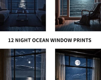 12 Night Ocean Window Prints, Calm Moonlight Coastal View (Digital Download)