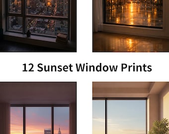 12 Sunset Window Prints, Golden Hour City View, Warm Light Wall Art (Digital Download)