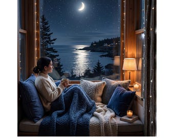 Cozy Night Window Prints, Starry Moonlit Ocean Views (Digital Download)