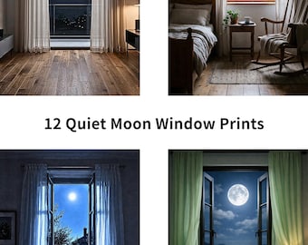 Quiet Moon Window Prints, Cozy Night Wall Art, Moonlight Bedroom Decor, Calm Ocean View Art, Printable Digital Download