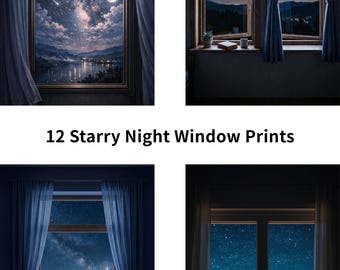 Starry Night Window Wall Art Set, 12 Prints, Milky Way Moon Scene (Digital Download)