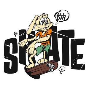 May include: Cartoon illustration of a rabbit skateboarding. The rabbit wears an orange shirt and green shorts. The word "SKATE" is in large black letters. A thought bubble says "ALL DAY". A small hot air balloon is in the background.