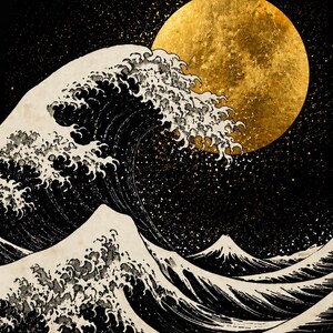 May include: Printable postcard featuring a stylized depiction of a large ocean wave with a golden sun in the background. The wave is rendered in black and white, with the sun in a textured gold. The text "PRINTABLE POSTCARD" and "INSTANT DOWNLOAD" are at the top and bottom.
