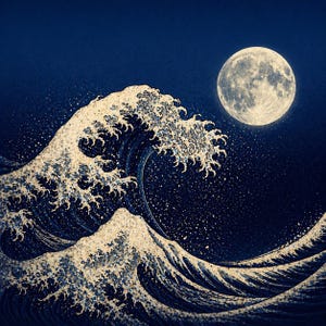 以下が含まれることがあります： 夜空に浮かぶ満月と大きな波の版画。波は白と青の色合いで描かれ、泡立つ波頭があります。月は明るく丸く、背景は濃い青色です。