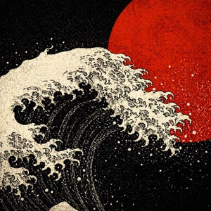 May include: A Japanese-style woodblock print depicting a large wave with white foam against a black backdrop. A red sun is in the upper right. The artwork has a textured, vintage appearance.