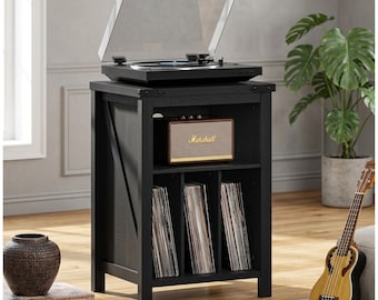 Solid Wood Record Player Stand with Vinyl Storage, Black Farmhouse Turntable Cabinet