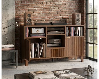 Mid Century Modern Record Player Stand with Vinyl Storage, Charging Station Cabinet