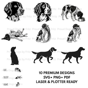 Op de afbeelding: Een verzameling van tien hond-thema ontwerpen in zwart en wit. De afbeeldingen bevatten hondensilhouetten, gedetailleerde portretten en honden in verschillende poses, zoals eten, slapen en jagen. De ontwerpen zijn beschikbaar in SVG-, PNG- en PDF-formaten.