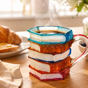 Pode incluir: Uma caneca de vidro em forma de uma pilha de quatro livros com uma pega transparente. A caneca apresenta detalhes vibrantes em azul, laranja e vermelho nas lombadas e bordos dos livros. O vapor sobe do líquido escuro no interior.