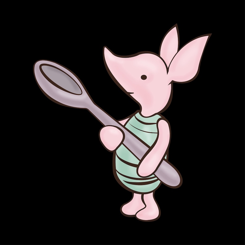 May include: A cartoon illustration of a pink piglet holding a gray spoon. The piglet is wearing a green and white striped shirt. The background is solid black.