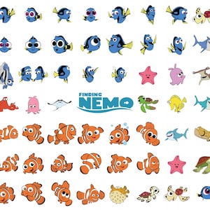 Puede incluir: Ilustraciones de dibujos animados con personajes de la película "Buscando a Nemo". La imagen incluye varios peces, una estrella de mar, una tortuga y el título de la película en azul. Los personajes son de colores brillantes.