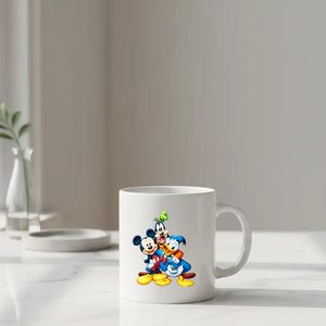 Puede incluir: Taza de cer&aacute;mica blanca con un gr&aacute;fico colorido de Mickey Mouse, Goofy y el Pato Donald. Los personajes est&aacute;n representados con sus atuendos cl&aacute;sicos. La taza tiene un asa curva y est&aacute; sobre un fondo neutro.