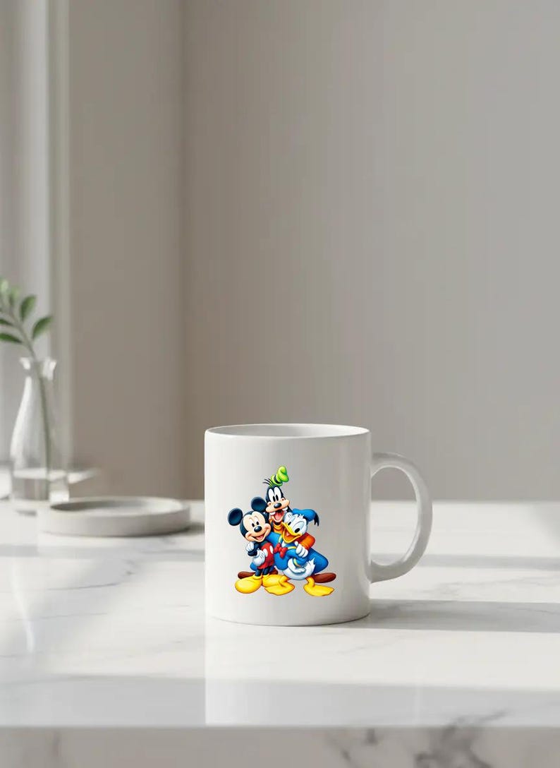 Puede incluir: Taza de cer&aacute;mica blanca con un gr&aacute;fico colorido de Mickey Mouse, Goofy y el Pato Donald. Los personajes est&aacute;n representados con sus atuendos cl&aacute;sicos. La taza tiene un asa curva y est&aacute; sobre un fondo neutro.