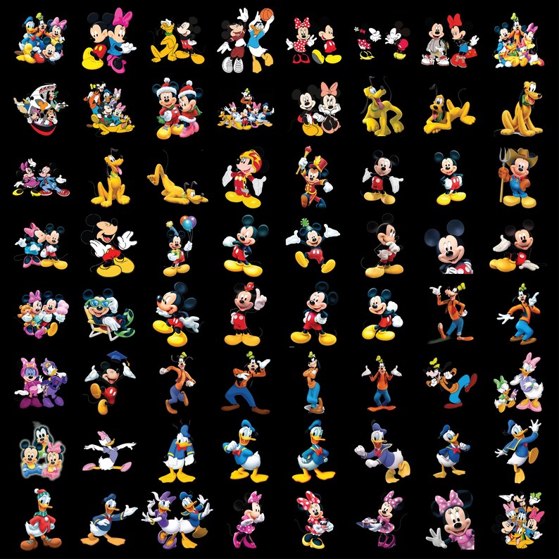 Puede incluir: Una colecci&oacute;n de im&aacute;genes de personajes de dibujos animados coloridos, incluyendo Mickey Mouse, Minnie Mouse, el Pato Donald y Goofy, sobre un fondo negro. Los personajes est&aacute;n en varias poses y atuendos, con colores brillantes y rasgos distintivos.
