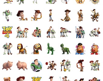 May include: A collection of colorful Toy Story character stickers. The stickers feature characters like Woody, Buzz Lightyear, Jessie, and others. The stickers are in various poses and scenes, perfect for decorating notebooks, laptops, or other items.
