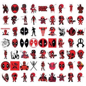 Puede incluir: Una colección de gráficos de Deadpool en rojo y negro. Las imágenes incluyen varias poses del personaje, su máscara y el logotipo de Deadpool. Algunas imágenes presentan armas y la palabra "Deadpool".