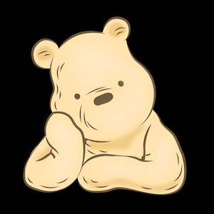 May include: A cartoon illustration of a yellow bear with a thoughtful expression. The bear is sitting with its arms crossed, and its head is resting on its hands. The background is solid black.